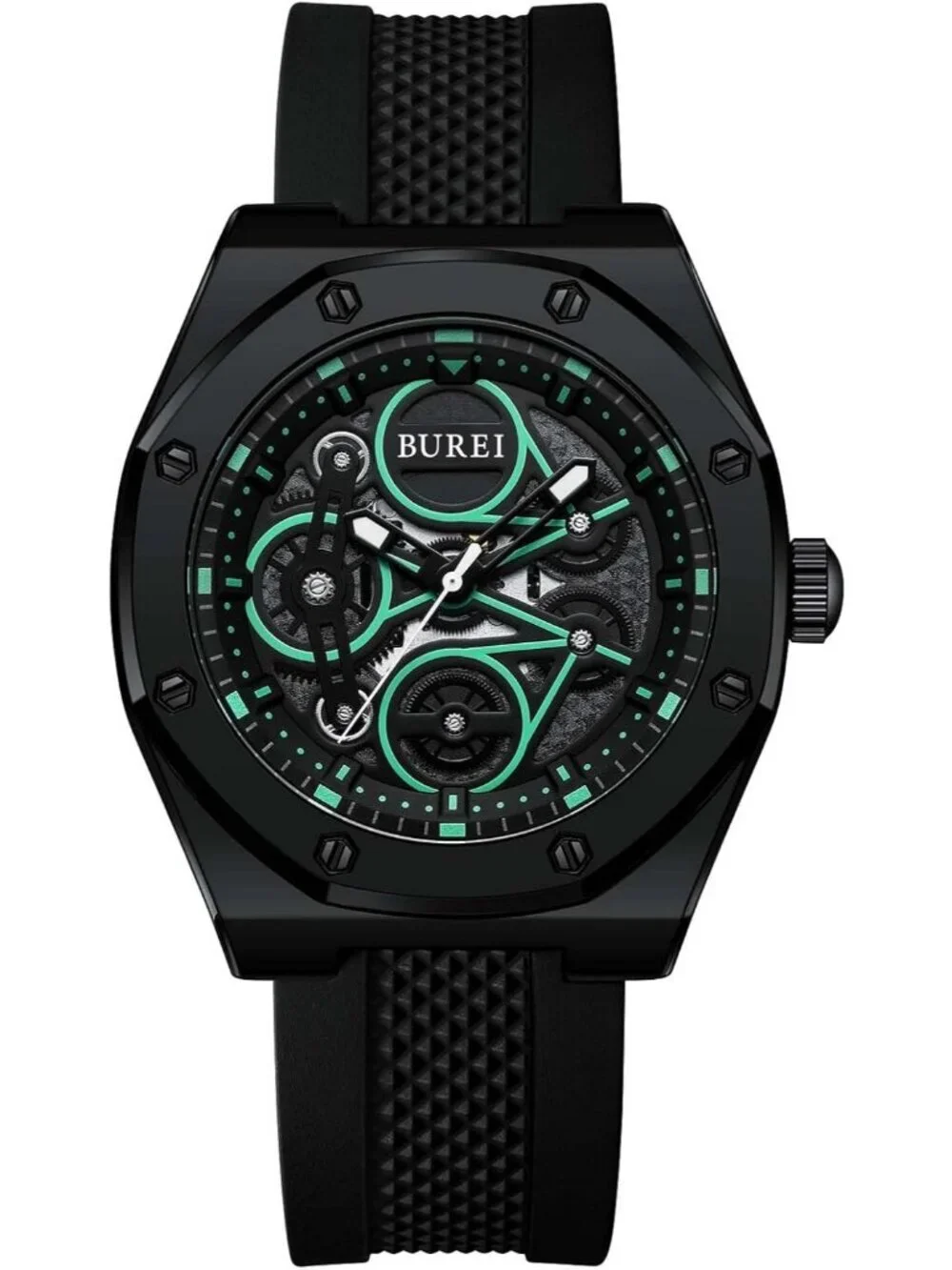 Men's All Black Analog Quartz Silicone Waterproof Geometric Design Classic Watch